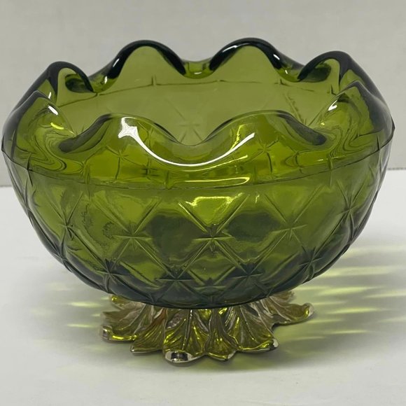 Vintage 6" Indiana Glass Green Duette Quilted Diamond Bowl With Metal Leaf Base - Picture 6 of 6